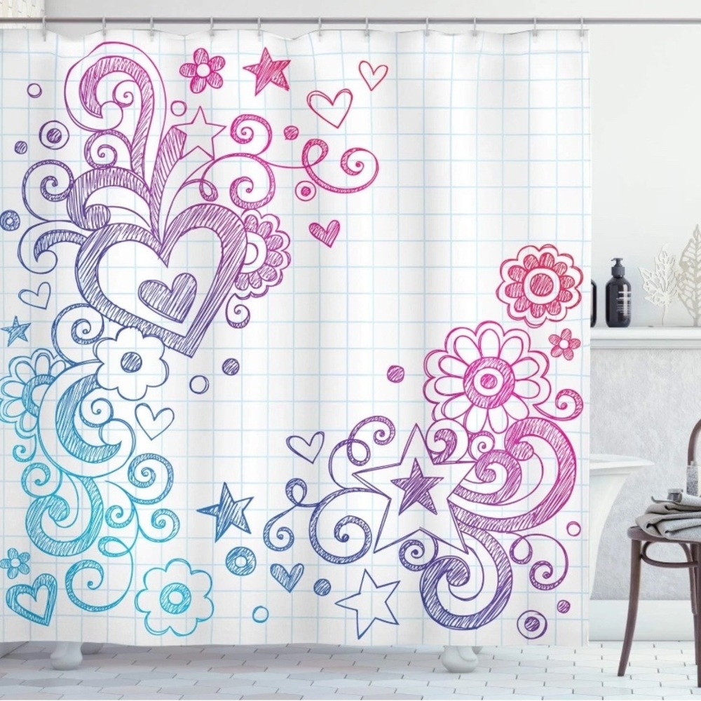 NEW Ambesonne Love Shower Curtain, Heart Swirled Sketch on Checkered Notebook